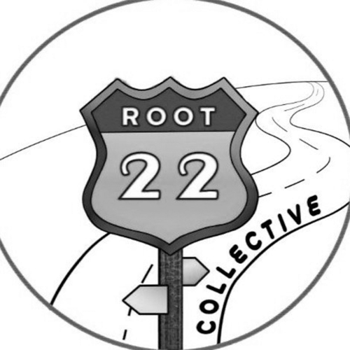 Root 22 Collective road sign with winding road. Alumni.